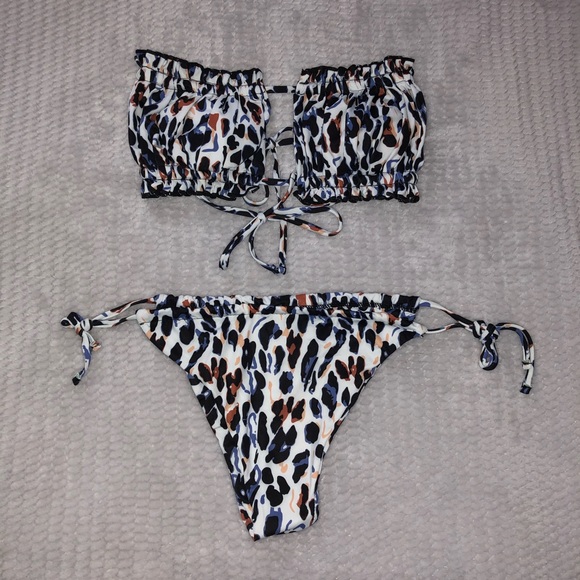 leopard trim bandeau bikini set